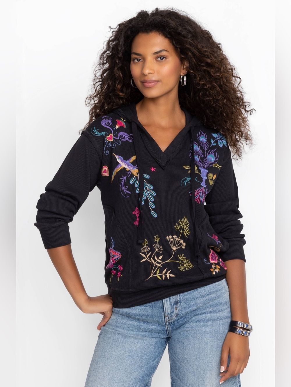 NWT Johnny Was Relaxed Floral Thermal Hoodie - Embroidered Black XS